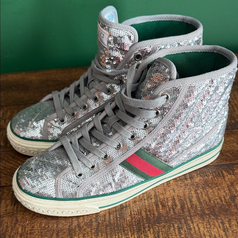 Gucci Silver Sequin High-Tops with Green and Red Stripes